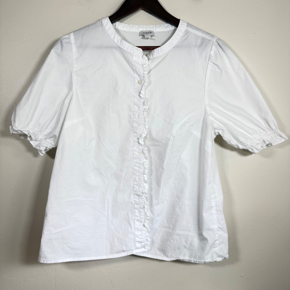 J.Crew Ruffle Trim Puff Sleeve Band Collar Blouse Size Large White